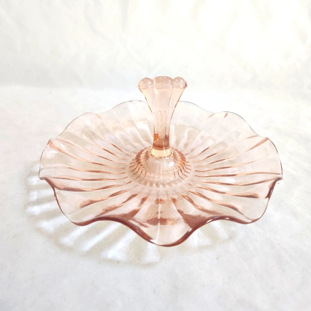 VTG Pink Peach Ruffled Glass Candy Dish AS IS